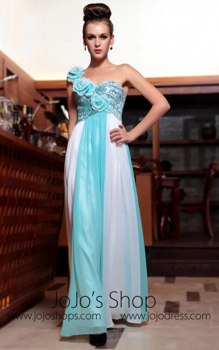 Turquoise and White One Shoulder Prom Formal Evening Dress