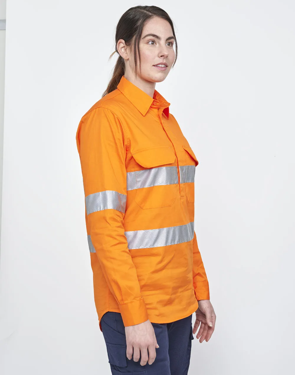 Unisex Hi Vis Cool-Breeze Closed Front Long Sleeve Shirt (Perforated Tape) - SW87