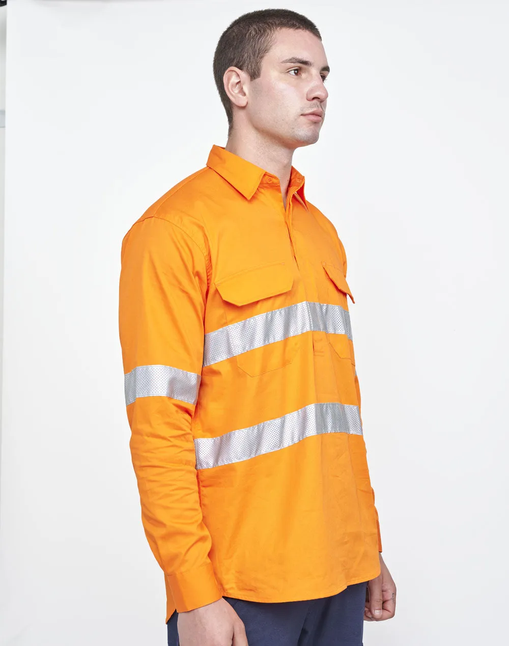 Unisex Hi Vis Cool-Breeze Closed Front Long Sleeve Shirt (Perforated Tape) - SW87