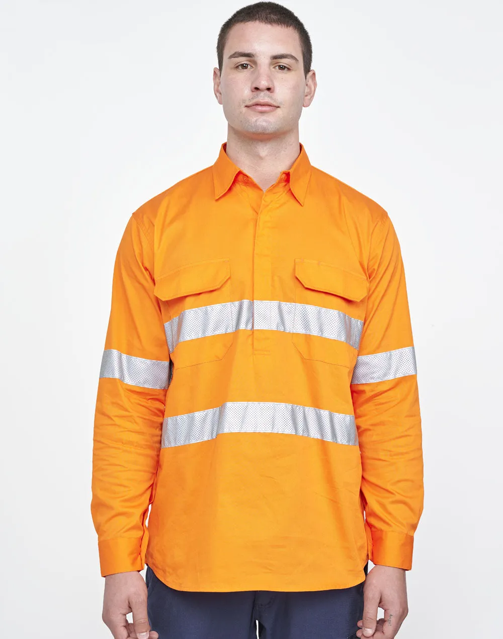 Unisex Hi Vis Cool-Breeze Closed Front Long Sleeve Shirt (Perforated Tape) - SW87