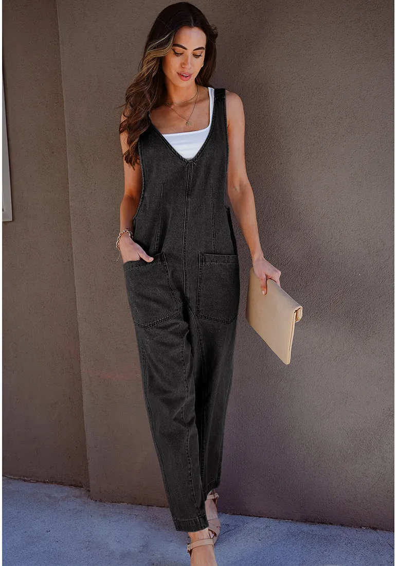 Washed Black Women's Casual Denim Low Scoop Neckline Jumpsuits With Adjustable Shoulder Pocket Cropped Overalls