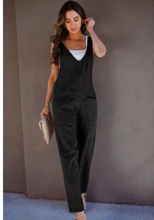 Washed Black Women's Casual Denim Low Scoop Neckline Jumpsuits With Adjustable Shoulder Pocket Cropped Overalls