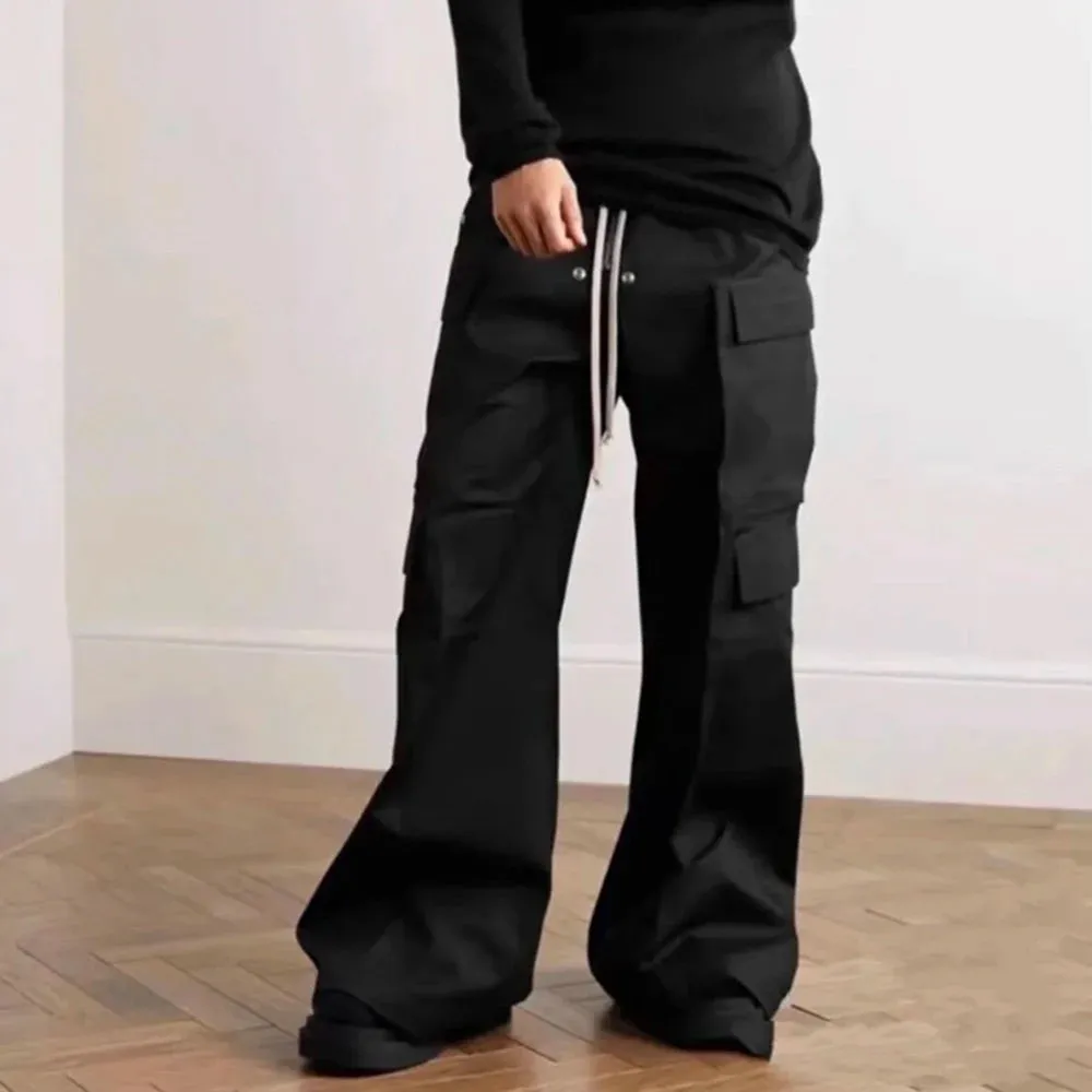 Wiaofellas  -  Wide Leg Drawstring Black Cargo Pants Unisex Straight Baggy Casual Overalls Men's Streetwear Loose Oversized Trousers