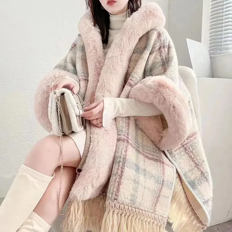 Winter Poncho Shawl Cloak Faux Fur Collar  Loose Cape  Streetwear Coats