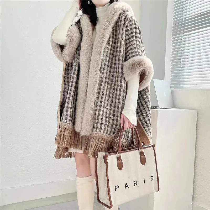 Winter Poncho Shawl Cloak Faux Fur Collar  Loose Cape  Streetwear Coats