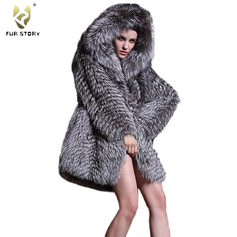 Women's Genuine Fox Fur Coat Women With Hood Long Style Large Size Fur Story FS151112