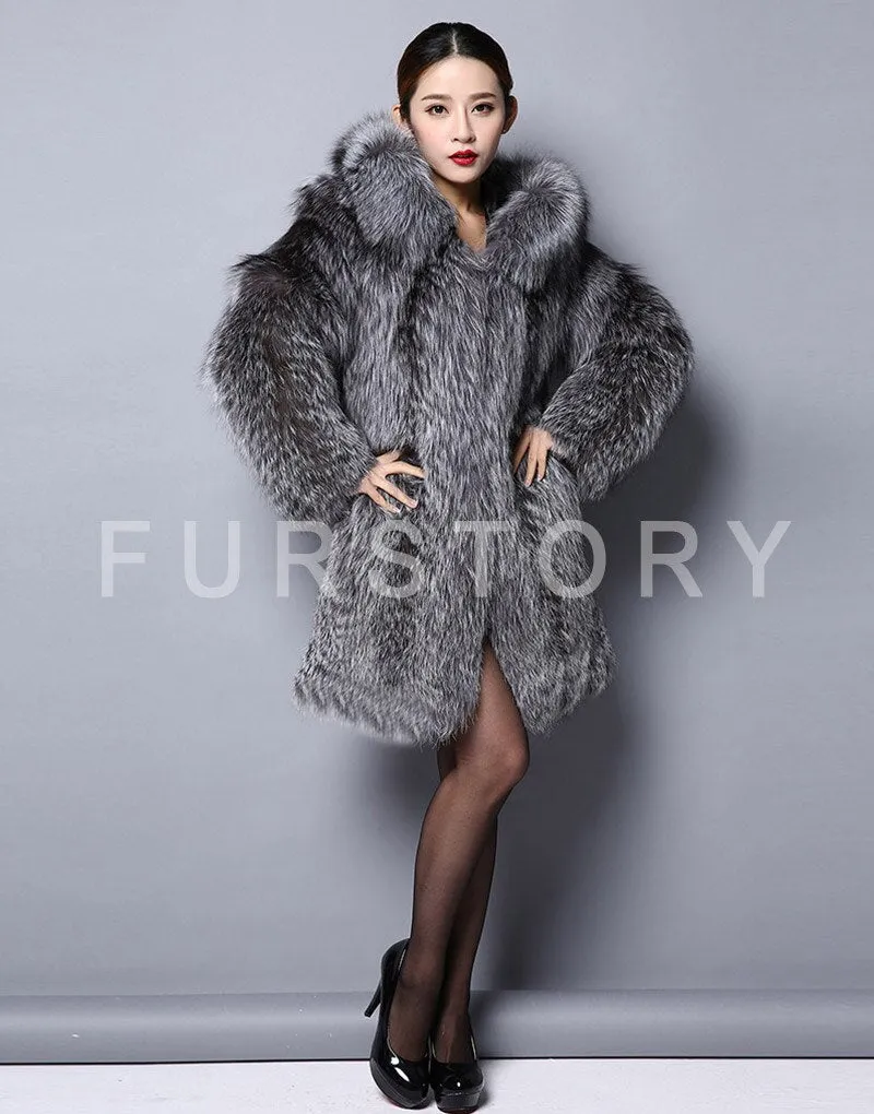 Women's Genuine Fox Fur Coat Women With Hood Long Style Large Size Fur Story FS151112